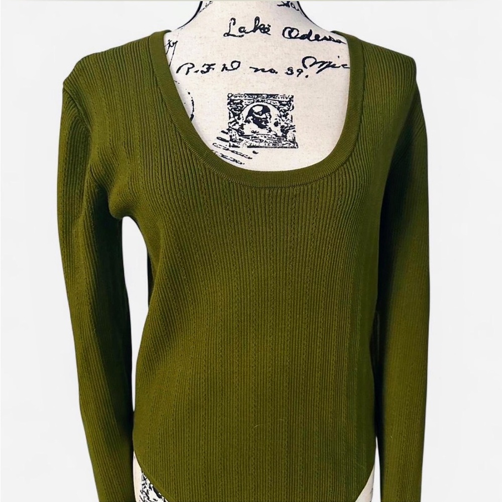 Express Olive green scoop neck ribbed long sleeve thong bodysuit